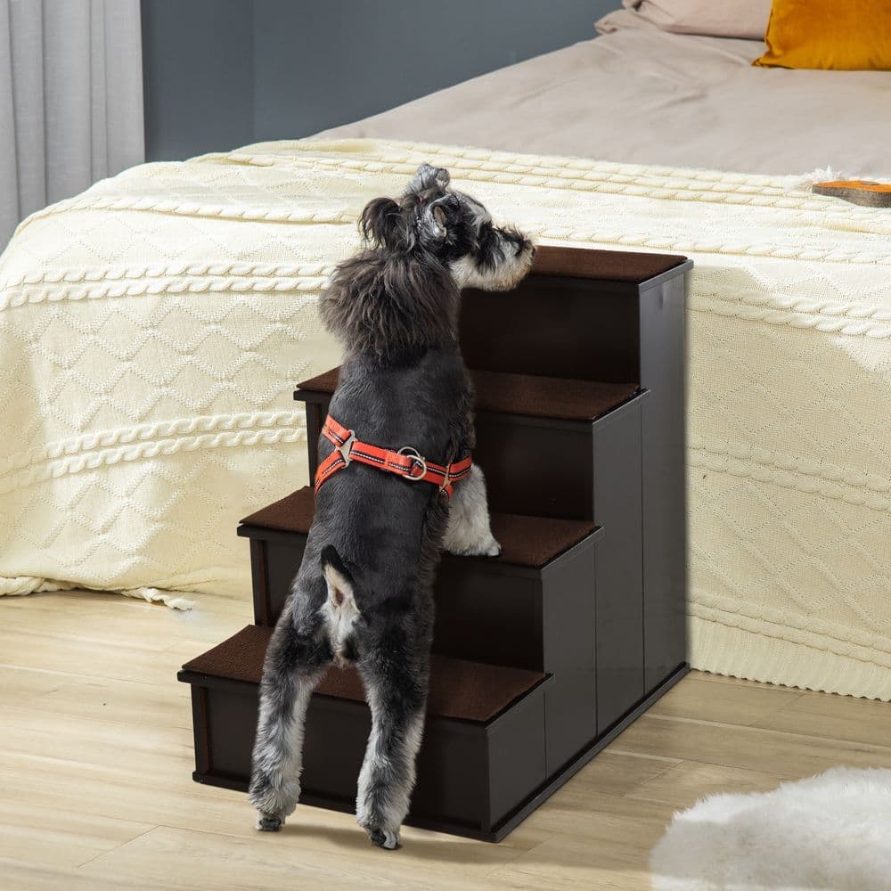 image-4-Step Wooden Pet Stair Steps with Soft Short Plush Cushions Dog Ladder for Bed