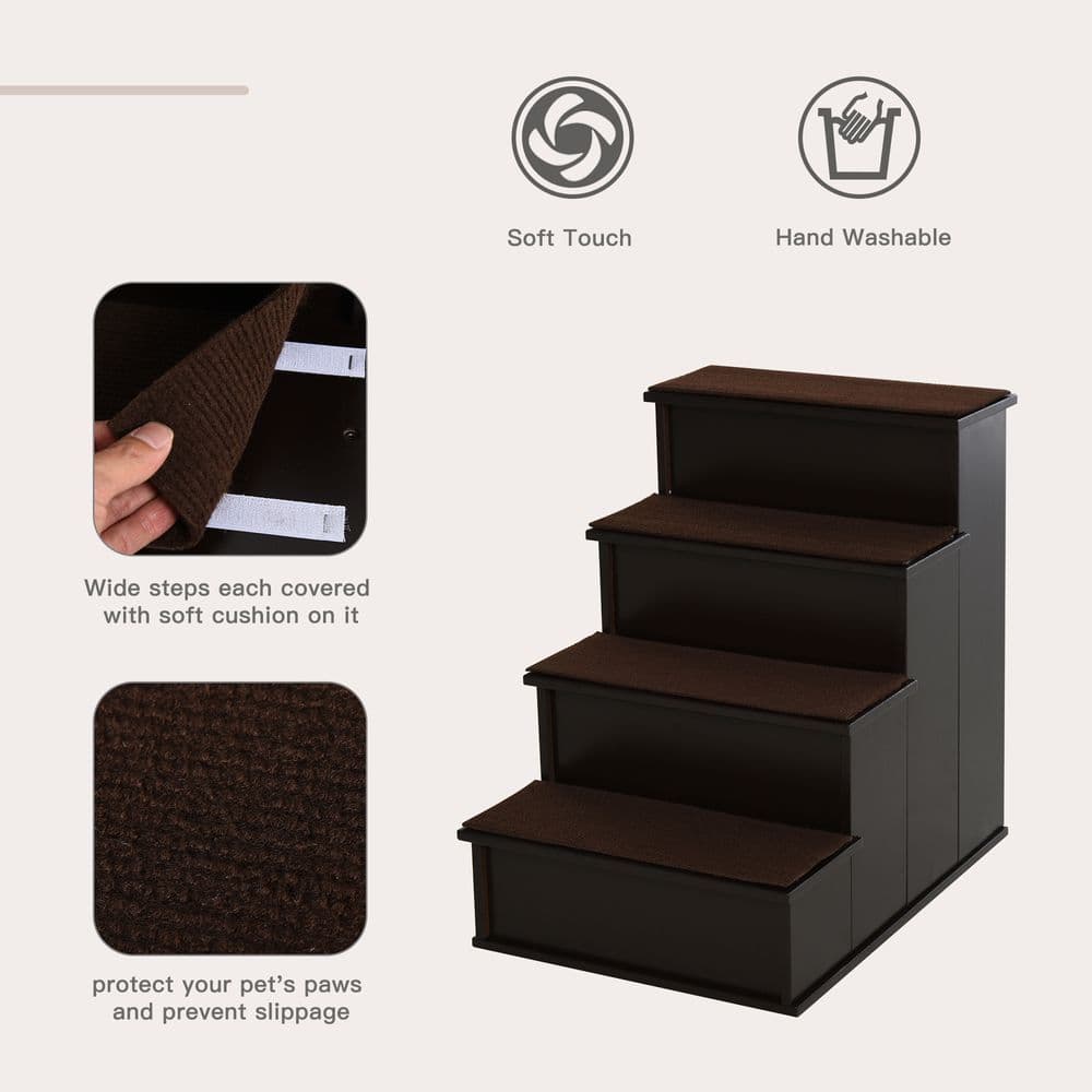 image-4-Step Wooden Pet Stair Steps with Soft Short Plush Cushions Dog Ladder for Bed