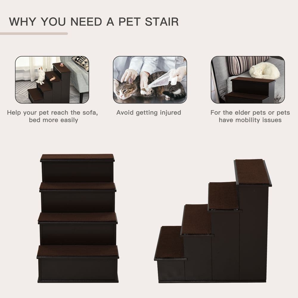 image-4-Step Wooden Pet Stair Steps with Soft Short Plush Cushions Dog Ladder for Bed