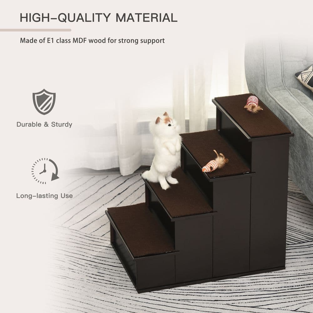image-4-Step Wooden Pet Stair Steps with Soft Short Plush Cushions Dog Ladder for Bed