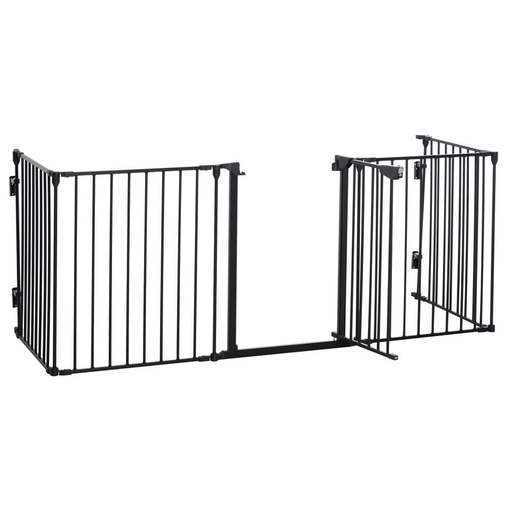 image-Pet Gate 5-Panel Dog Playpen for Indoor Stair Barrier W/ Walk Through Door Black