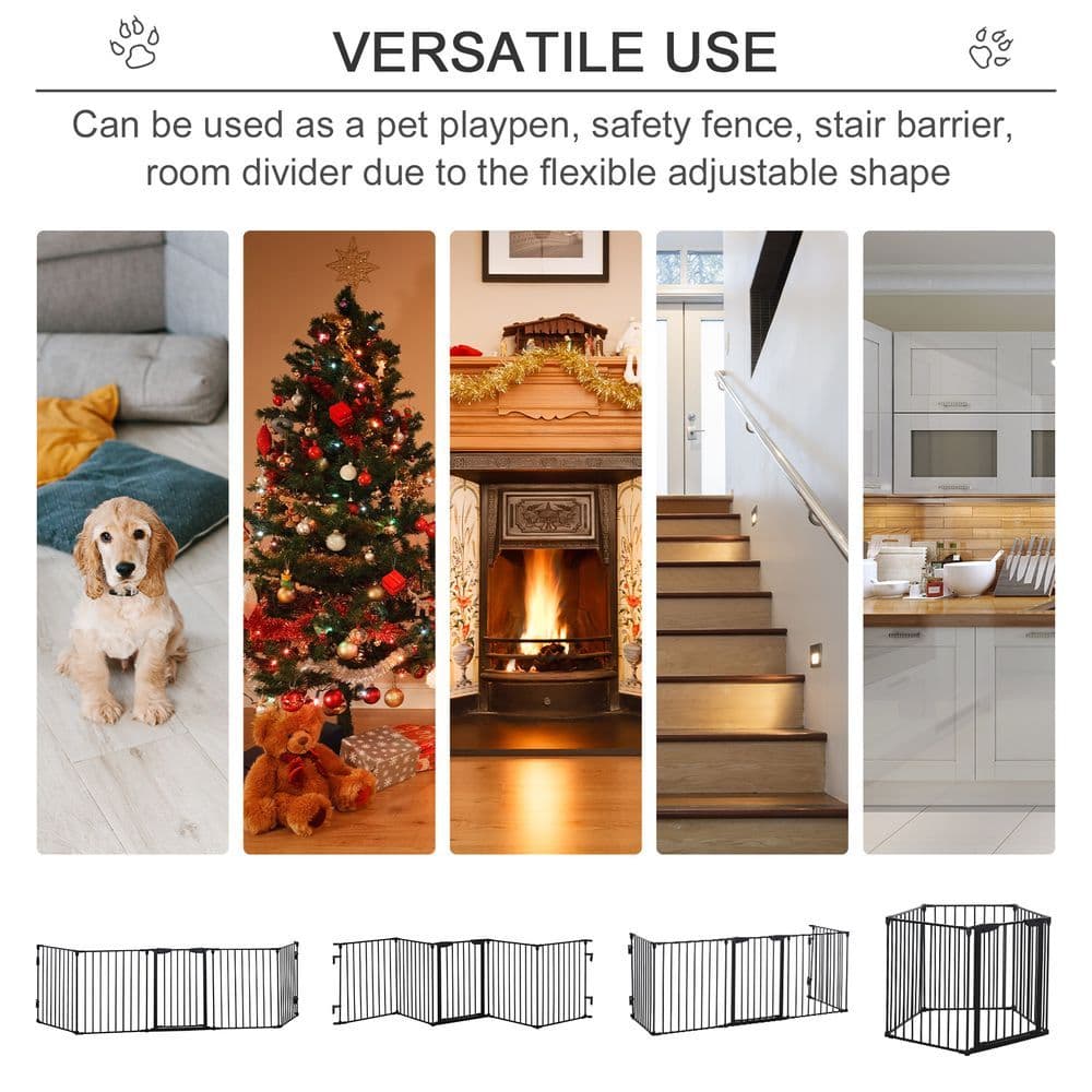 image-Pet Gate 5-Panel Dog Playpen for Indoor Stair Barrier W/ Walk Through Door Black