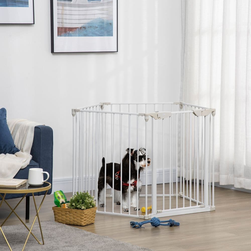image-Pet Gate 5-Panel Dog Playpen for Indoor Stair Barrier W/ Walk Through Door White