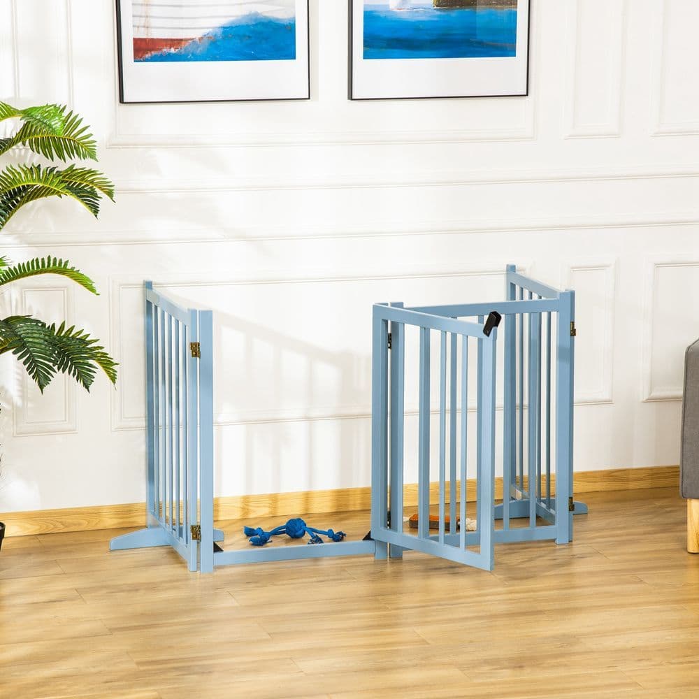 image-Wooden Foldable Dog Safety Barrier w/ 4 Panels for Small&Medium Dogs Blue Grey