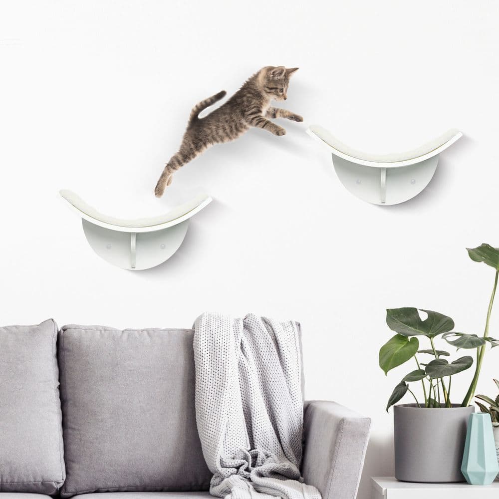 image-Wood Cat Shelf Shelter Kitten Bed Curved Climber Wall-Mounted Berber Fleece