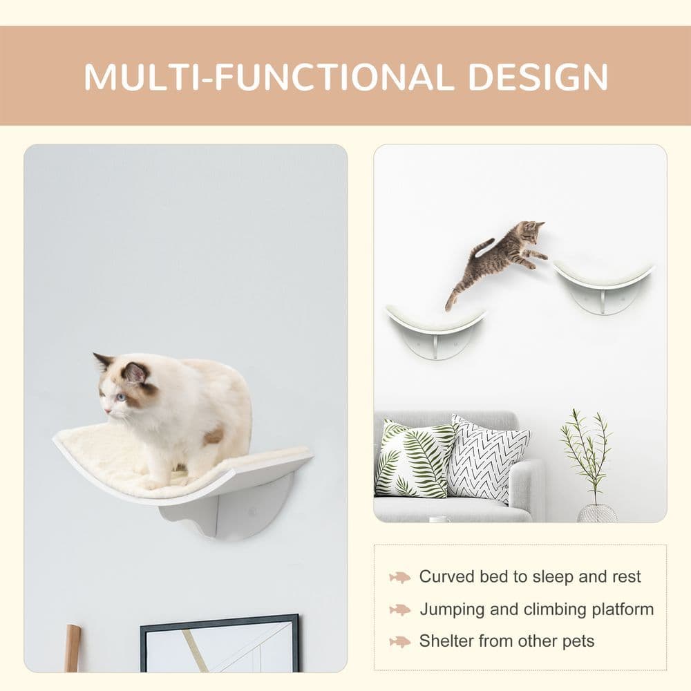 image-Wood Cat Shelf Shelter Kitten Bed Curved Climber Wall-Mounted Berber Fleece