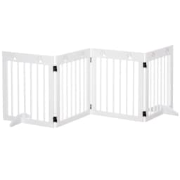 image-Freestanding Pet Gate 4 Panel Folding Wooden Dog Barrier w/ Support Feet
