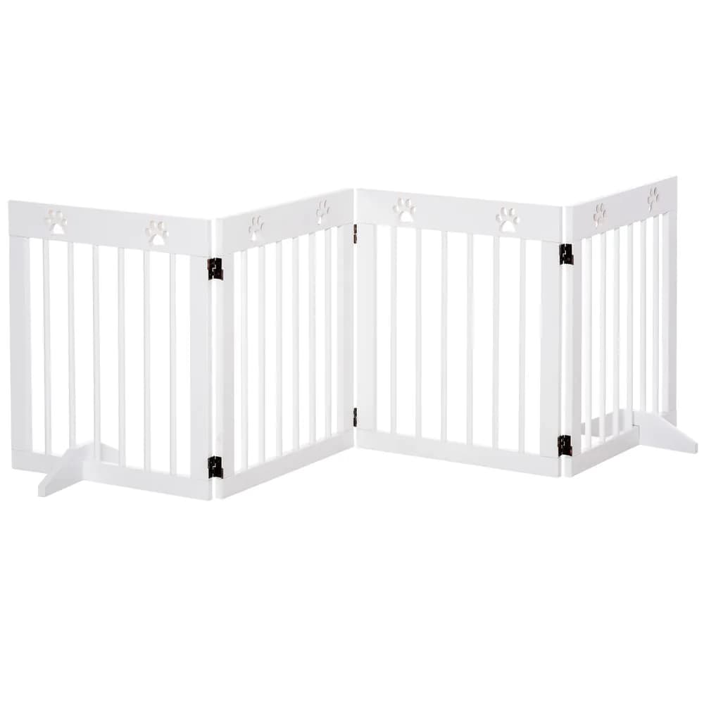 image-Freestanding Pet Gate 4 Panel Folding Wooden Dog Barrier w/ Support Feet