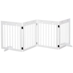 image-Freestanding Pet Gate 4 Panel Folding Wooden Dog Barrier w/ Support Feet