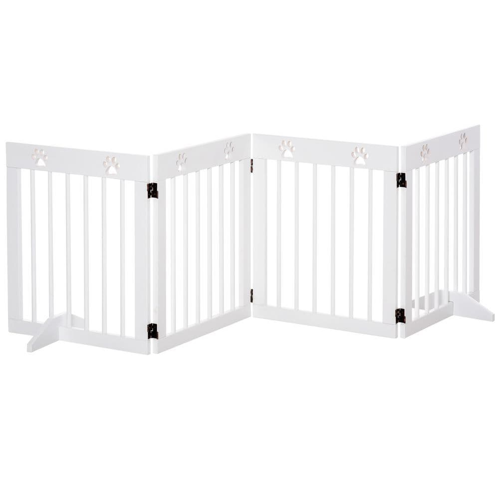 image-Freestanding Pet Gate 4 Panel Folding Wooden Dog Barrier w/ Support Feet