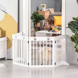 image-Freestanding Pet Gate 4 Panel Folding Wooden Dog Barrier w/ Support Feet