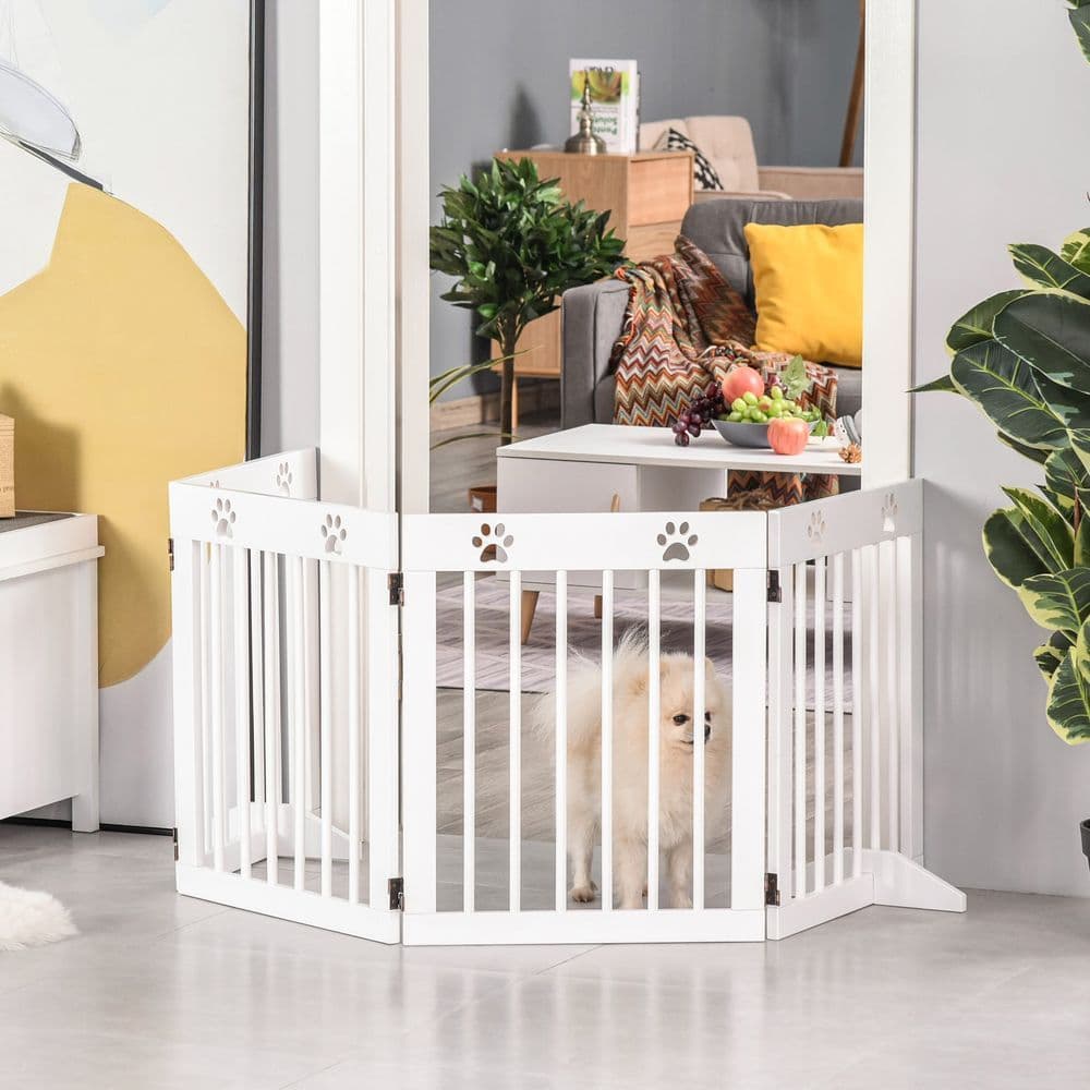 image-Freestanding Pet Gate 4 Panel Folding Wooden Dog Barrier w/ Support Feet