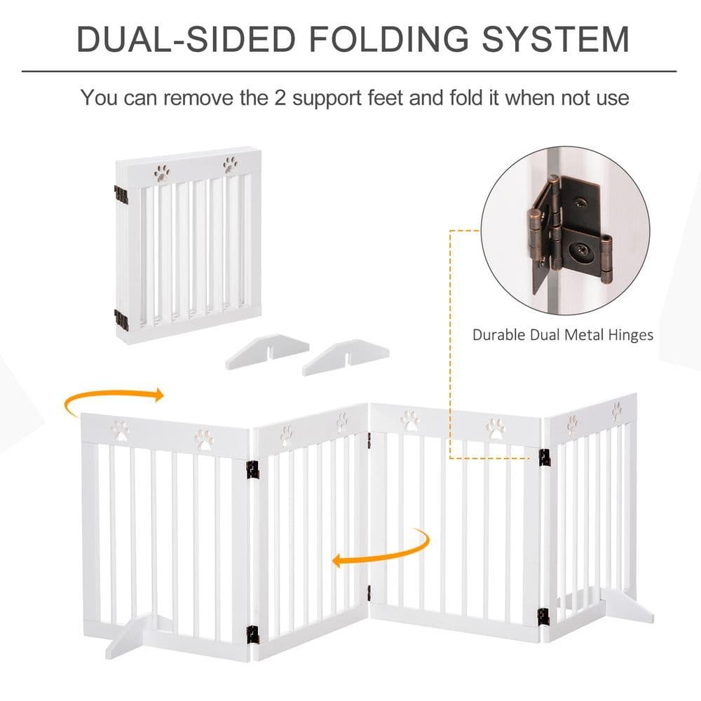 image-Freestanding Pet Gate 4 Panel Folding Wooden Dog Barrier w/ Support Feet