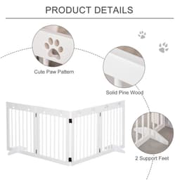 image-Freestanding Pet Gate 4 Panel Folding Wooden Dog Barrier w/ Support Feet