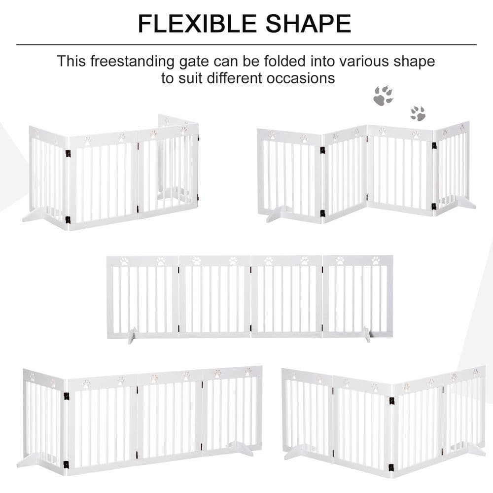 image-Freestanding Pet Gate 4 Panel Folding Wooden Dog Barrier w/ Support Feet