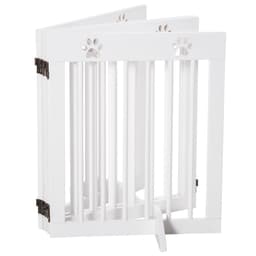 image-Freestanding Pet Gate 4 Panel Folding Wooden Dog Barrier w/ Support Feet