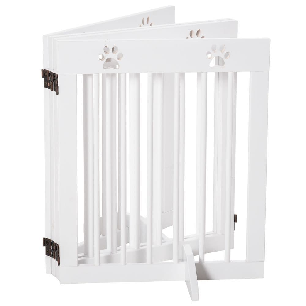 image-Freestanding Pet Gate 4 Panel Folding Wooden Dog Barrier w/ Support Feet