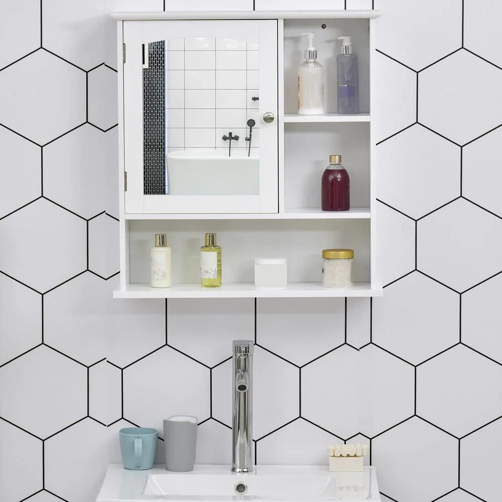 image-Wall Mount Mirror Cabinet Bathroom Storage Single Door Mounted Glass Cupboard