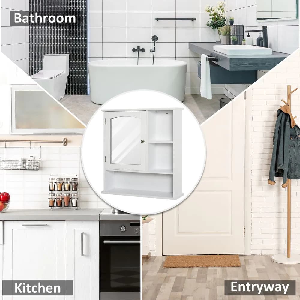 image-Wall Mount Mirror Cabinet Bathroom Storage Single Door Mounted Glass Cupboard