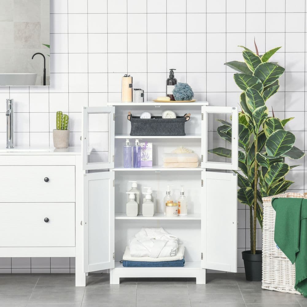 image-Bathroom Floor Storage Cabinet with Tempered Glass Doors White