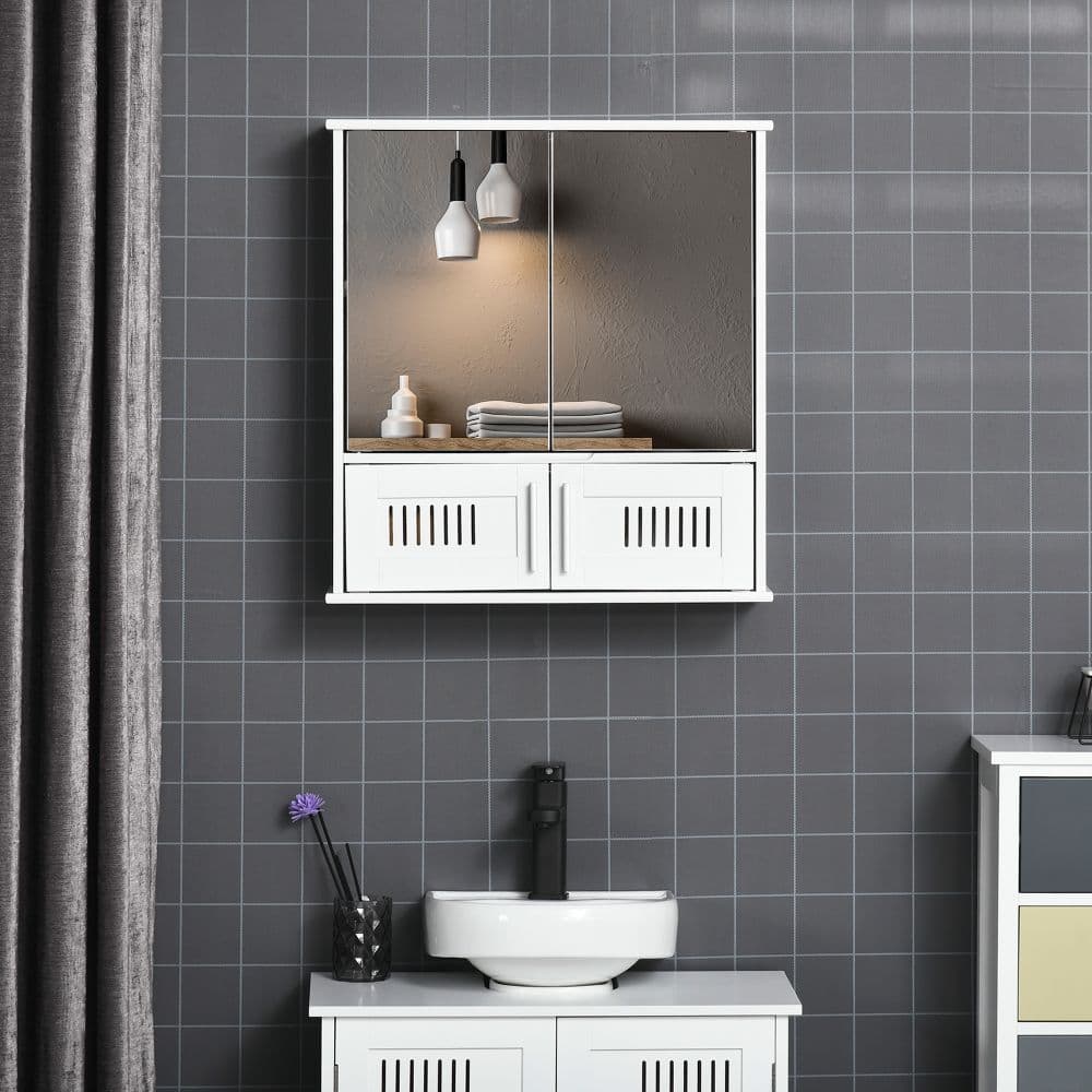 image-Bathroom Mirror Cabinet, Wall Mounted Storage Cupboard Double Doors White