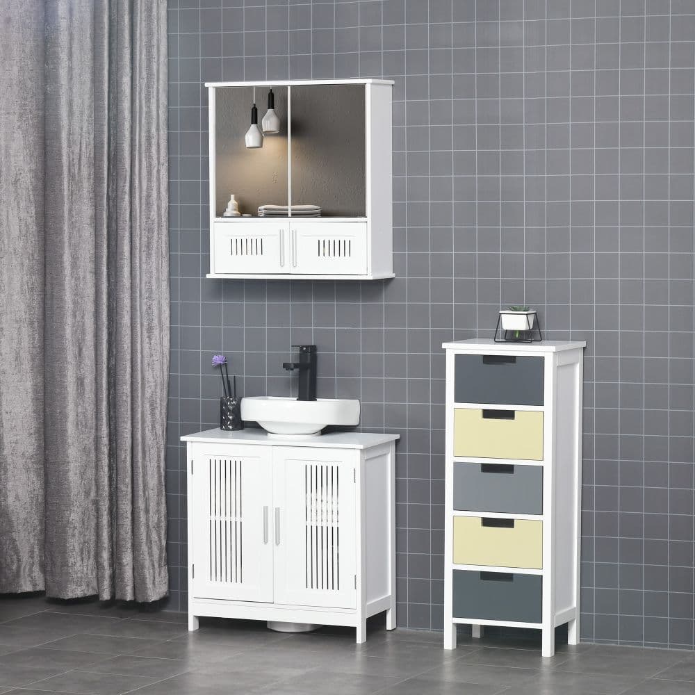 image-Bathroom Mirror Cabinet, Wall Mounted Storage Cupboard Double Doors White