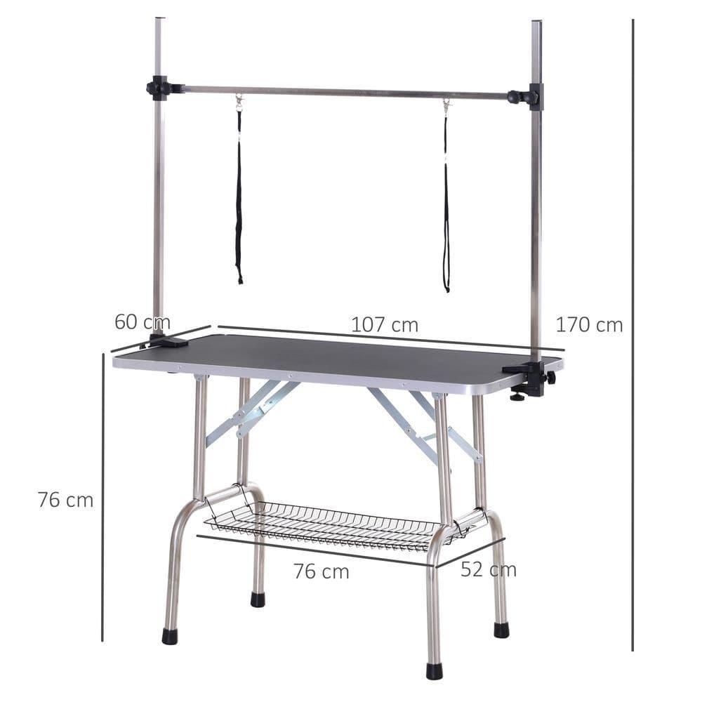 image-Dog Grooming Table Metal Adjustable Rubber Top 2 Safety Slings Mesh Black