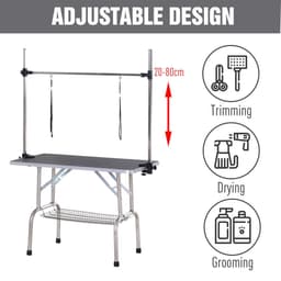 image-Dog Grooming Table Metal Adjustable Rubber Top 2 Safety Slings Mesh Black