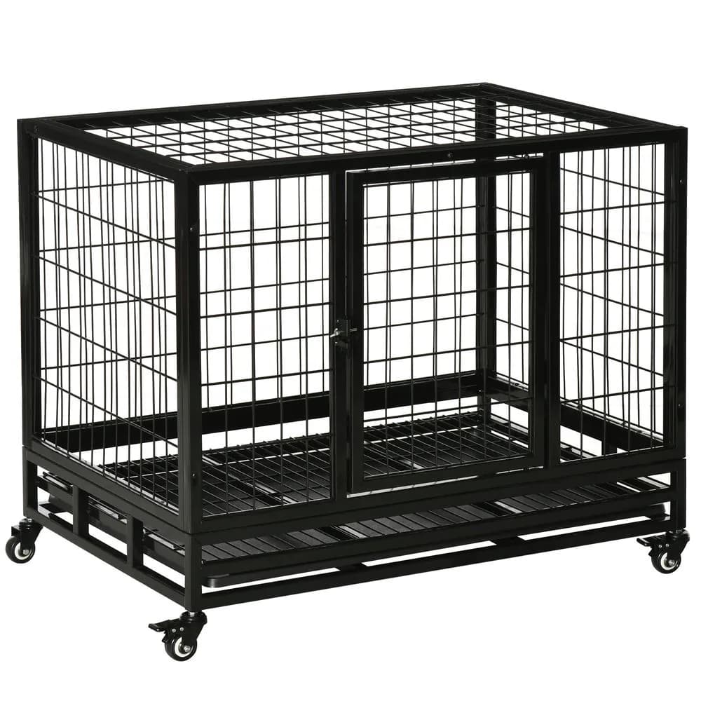 image-Dog Cage Pet Metal Heavy Duty with Wheels and Crate Tray for Kennel Black M L