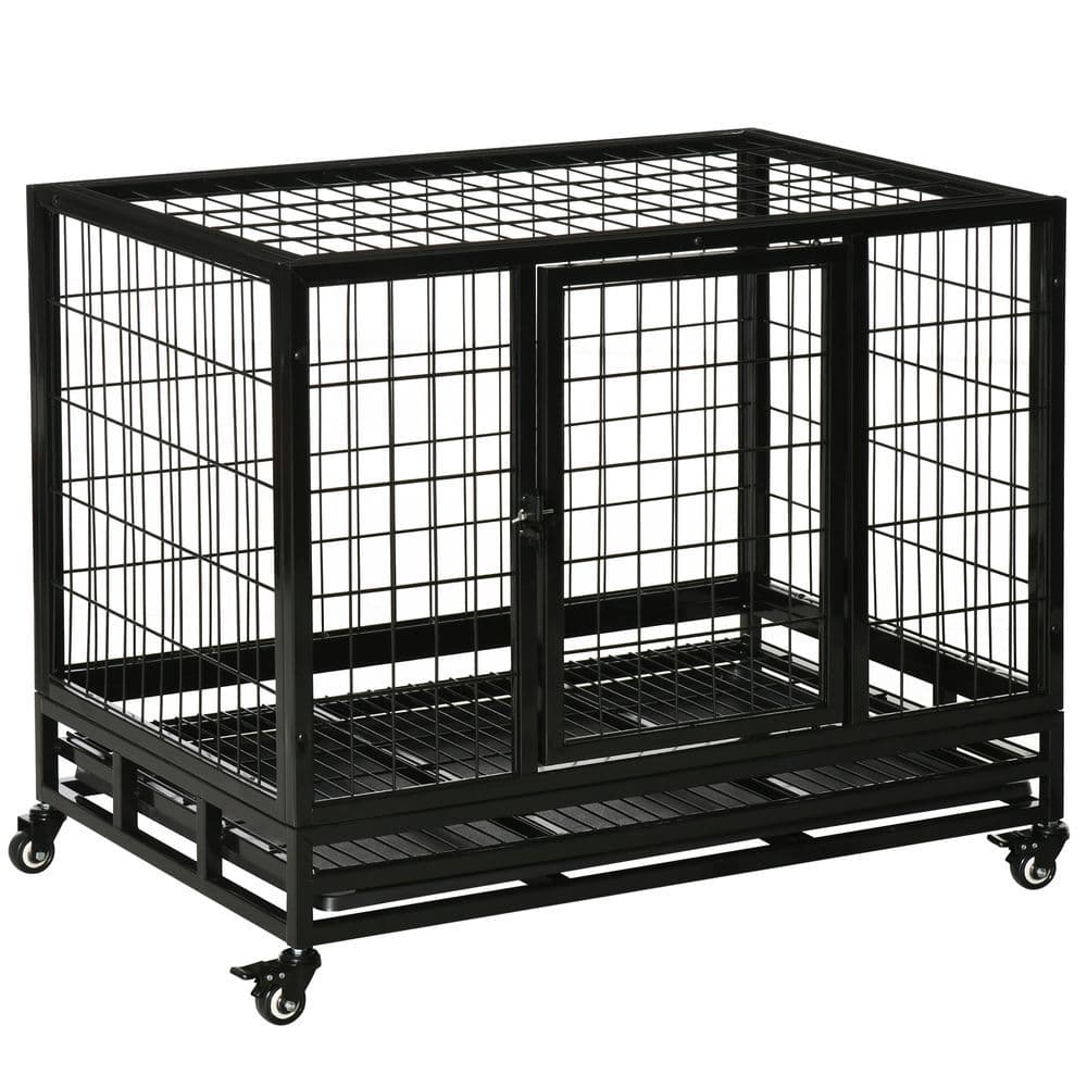 image-Dog Cage Pet Metal Heavy Duty with Wheels and Crate Tray for Kennel Black M L