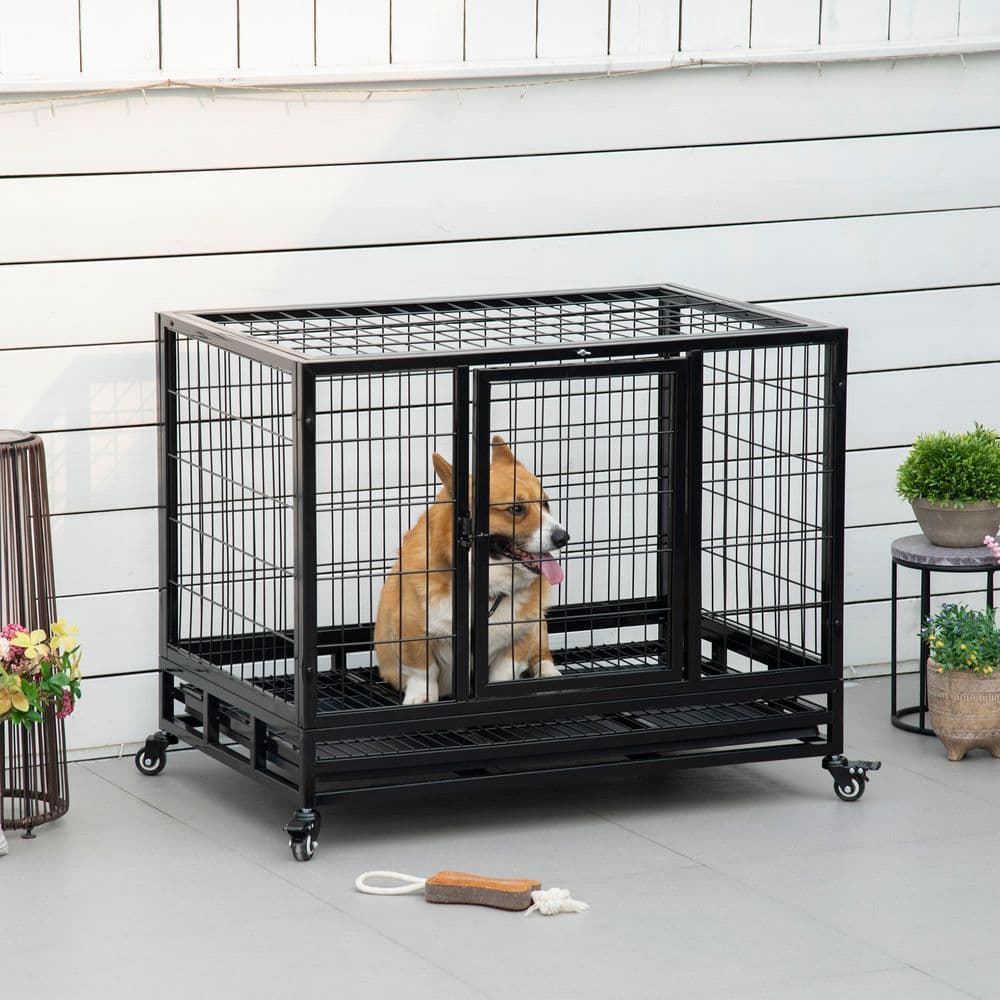 image-Dog Cage Pet Metal Heavy Duty with Wheels and Crate Tray for Kennel Black M L