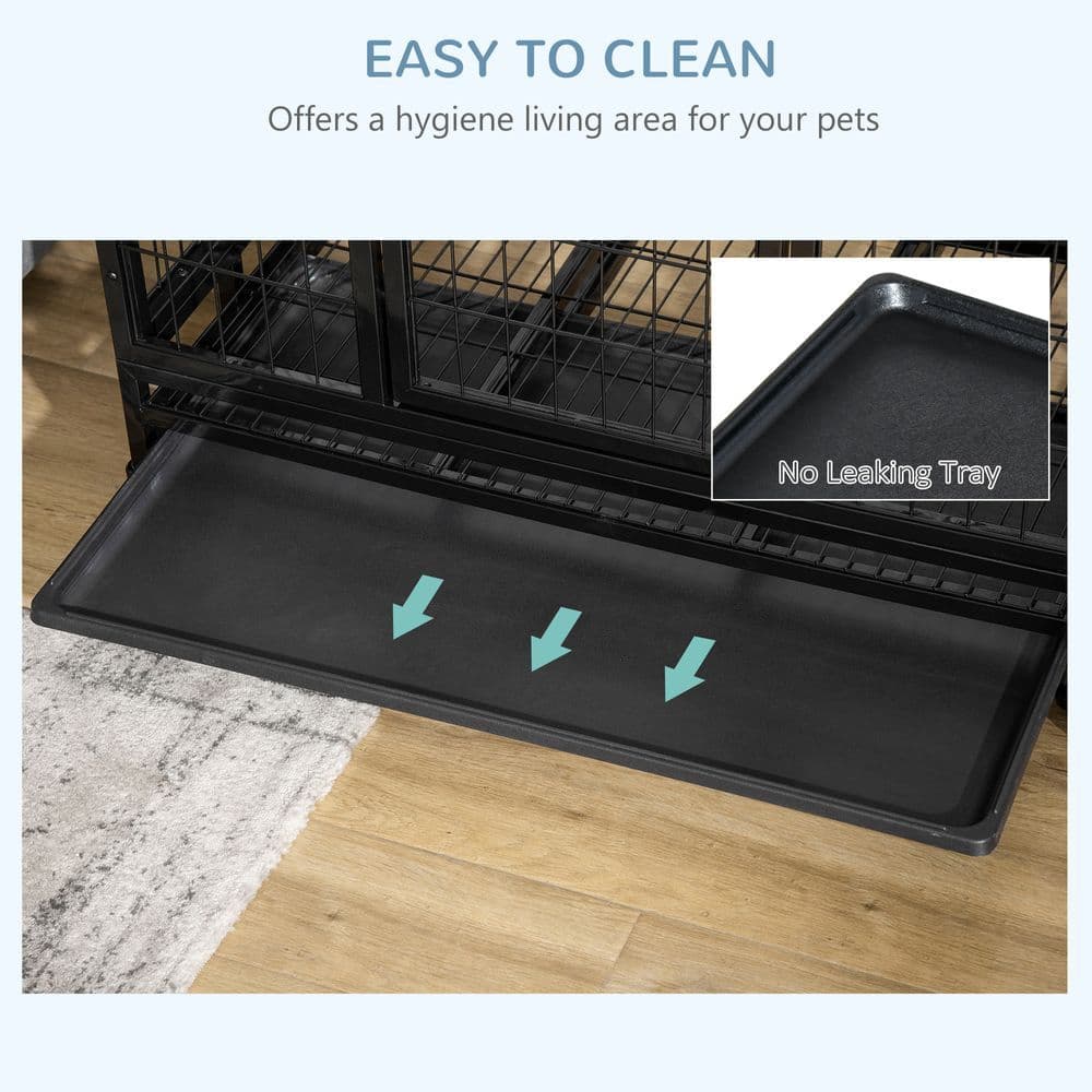 image-Dog Cage Pet Metal Heavy Duty with Wheels and Crate Tray for Kennel Black M L