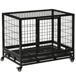 image-Dog Cage Pet Metal Heavy Duty with Wheels and Crate Tray for Kennel Black M L