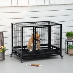 image-Dog Cage Pet Metal Heavy Duty with Wheels and Crate Tray for Kennel Black M L
