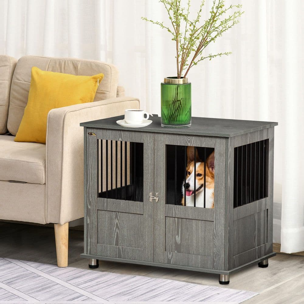 image-Wooden & Wire Dog Cage for Medium Dog, Stylish Pet Kennel w/ Magnetic Doors