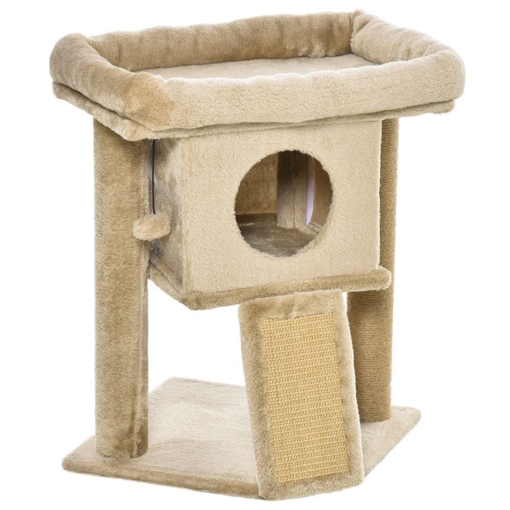image-Cat Tree Tower W/ Jute Scratching Pad, Toy Ball, Cat House 66x38x88 cm - Coffee