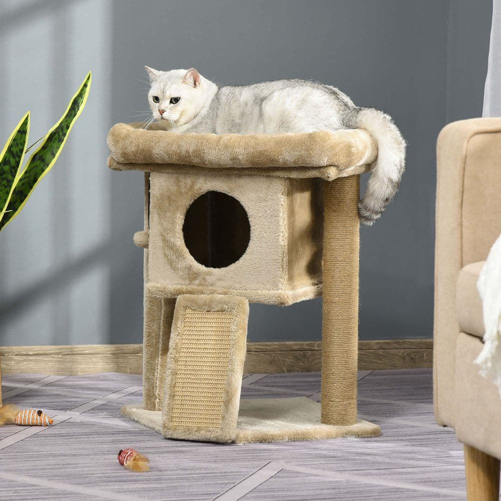 image-Cat Tree Tower W/ Jute Scratching Pad, Toy Ball, Cat House 66x38x88 cm - Coffee