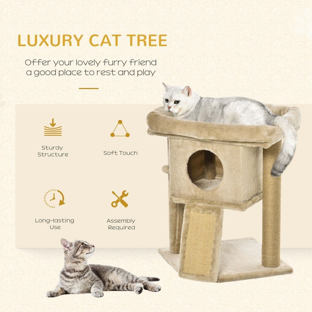 image-Cat Tree Tower W/ Jute Scratching Pad, Toy Ball, Cat House 66x38x88 cm - Coffee