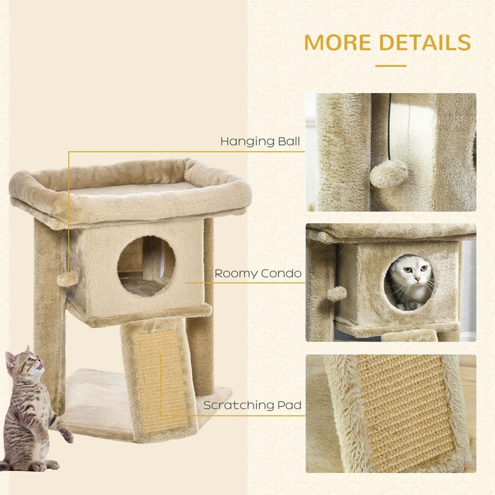 image-Cat Tree Tower W/ Jute Scratching Pad, Toy Ball, Cat House 66x38x88 cm - Coffee