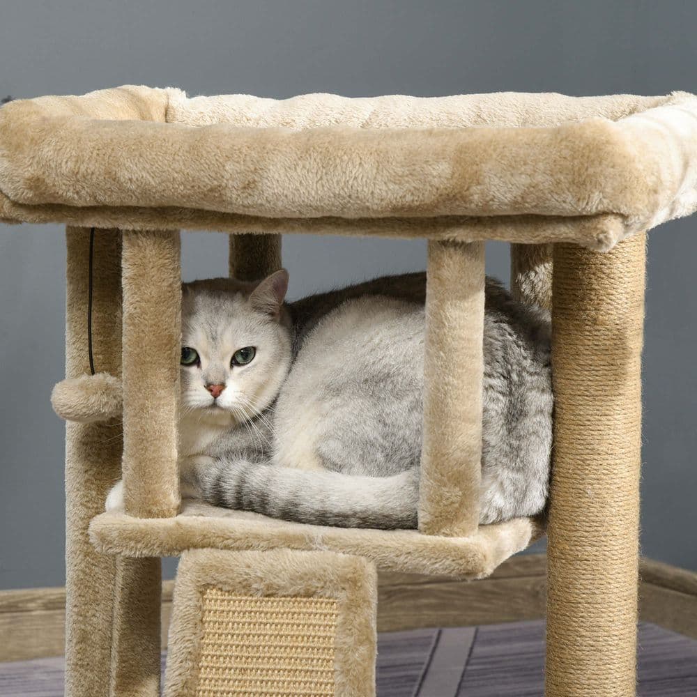 image-Cat Tree Tower W/ Jute Scratching Pad, Toy Ball, Cat House 66x38x88 cm - Coffee