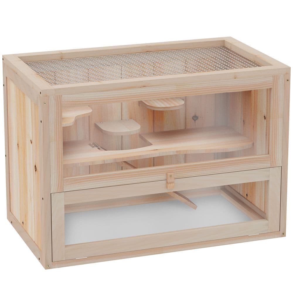 image-Wooden Hamster Cage Mice Rodents Hutch Small Animals 2 Levels 60x35x42cm