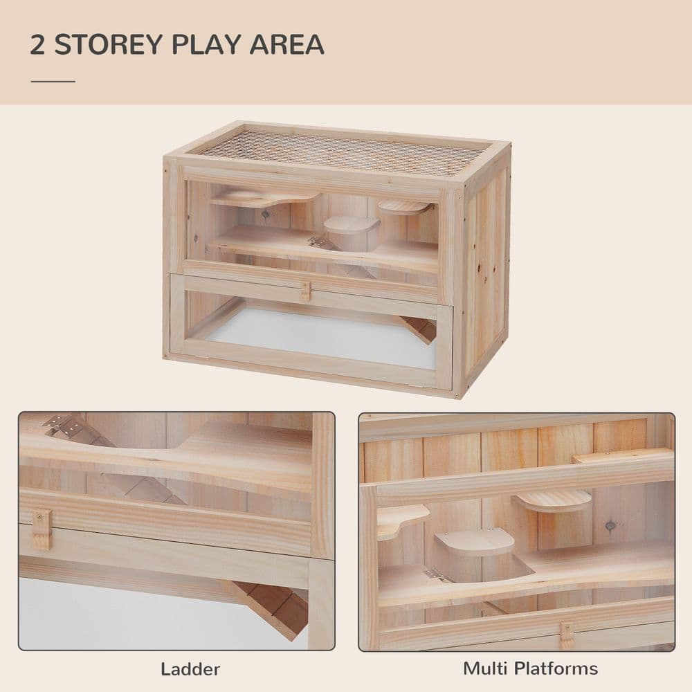 image-Wooden Hamster Cage Mice Rodents Hutch Small Animals 2 Levels 60x35x42cm