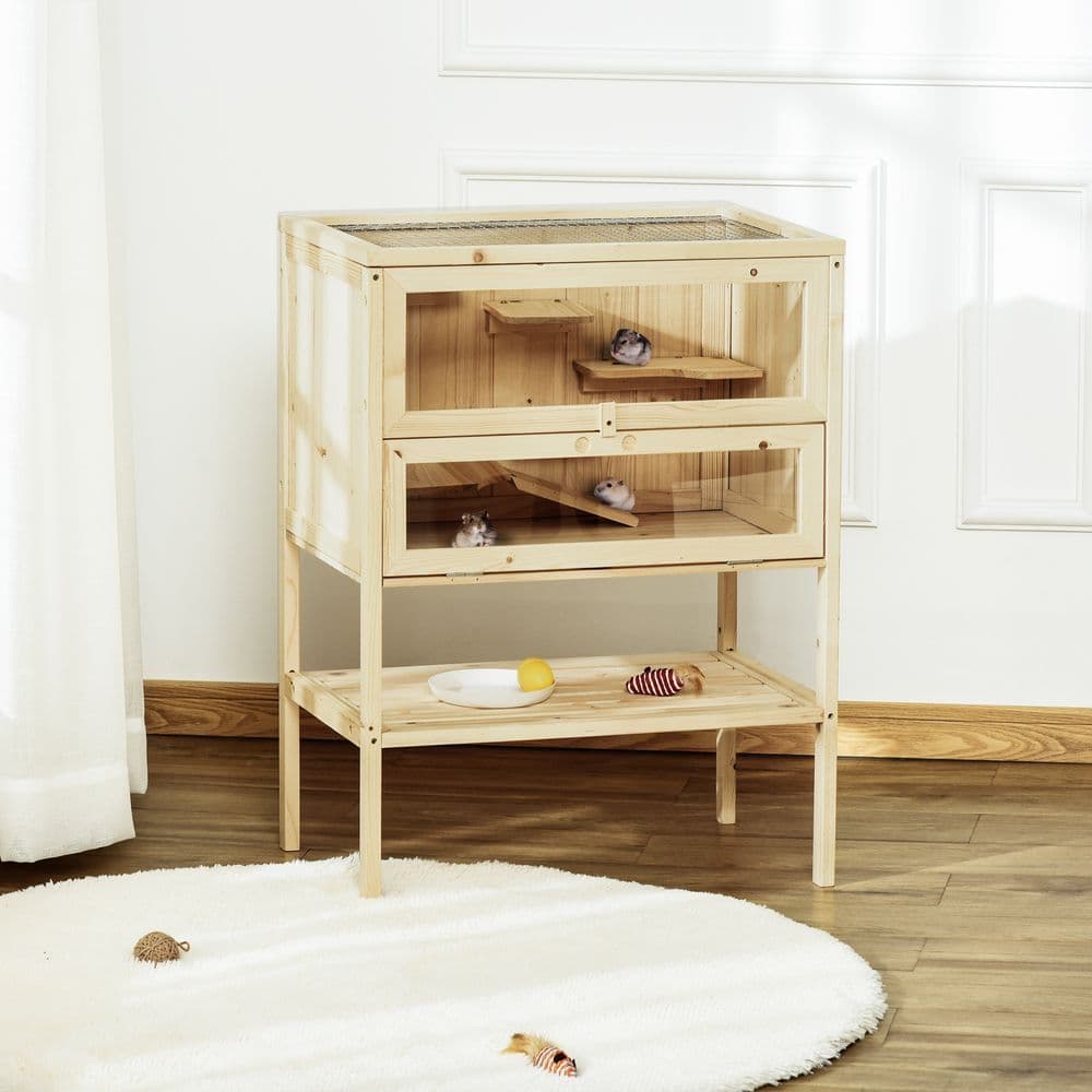 image-Hamster Cage House Pet Play Exercise 3 Tiers Mouse Wooden Fir Small Animals