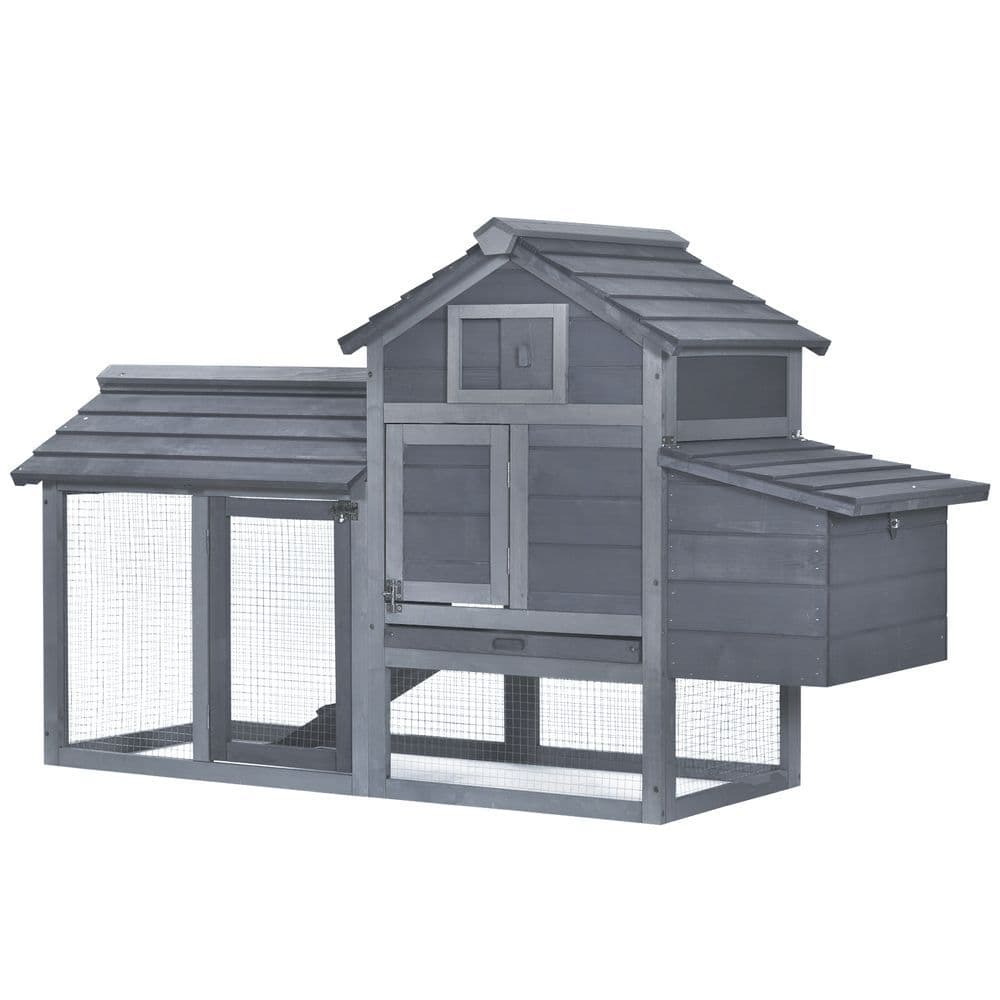 image-Small Chicken Coop Hen Cage Nesting Box w/ Outdoor Run Grey 150.5 x 54 x 87 cm