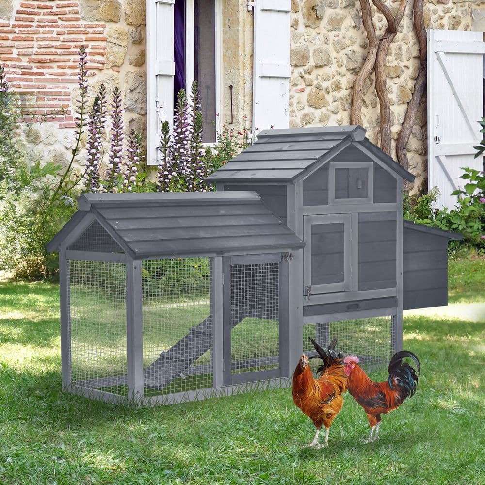 image-Small Chicken Coop Hen Cage Nesting Box w/ Outdoor Run Grey 150.5 x 54 x 87 cm