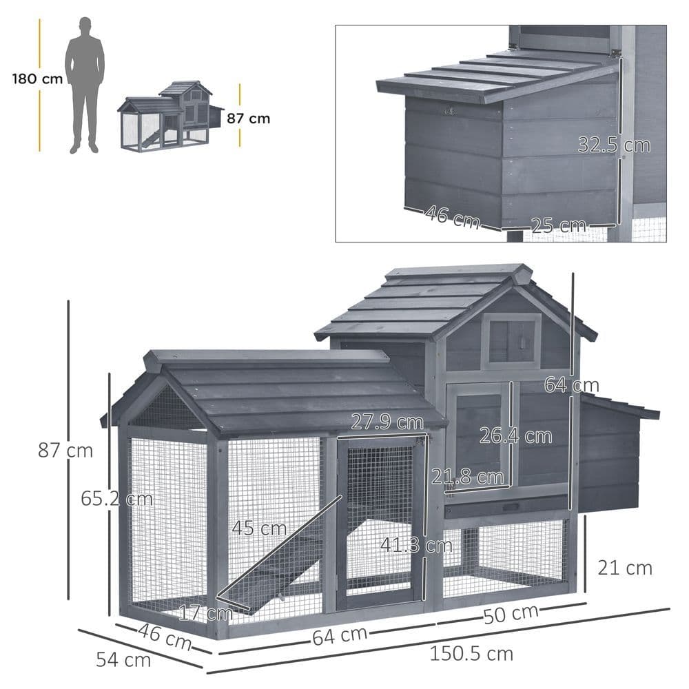 image-Small Chicken Coop Hen Cage Nesting Box w/ Outdoor Run Grey 150.5 x 54 x 87 cm