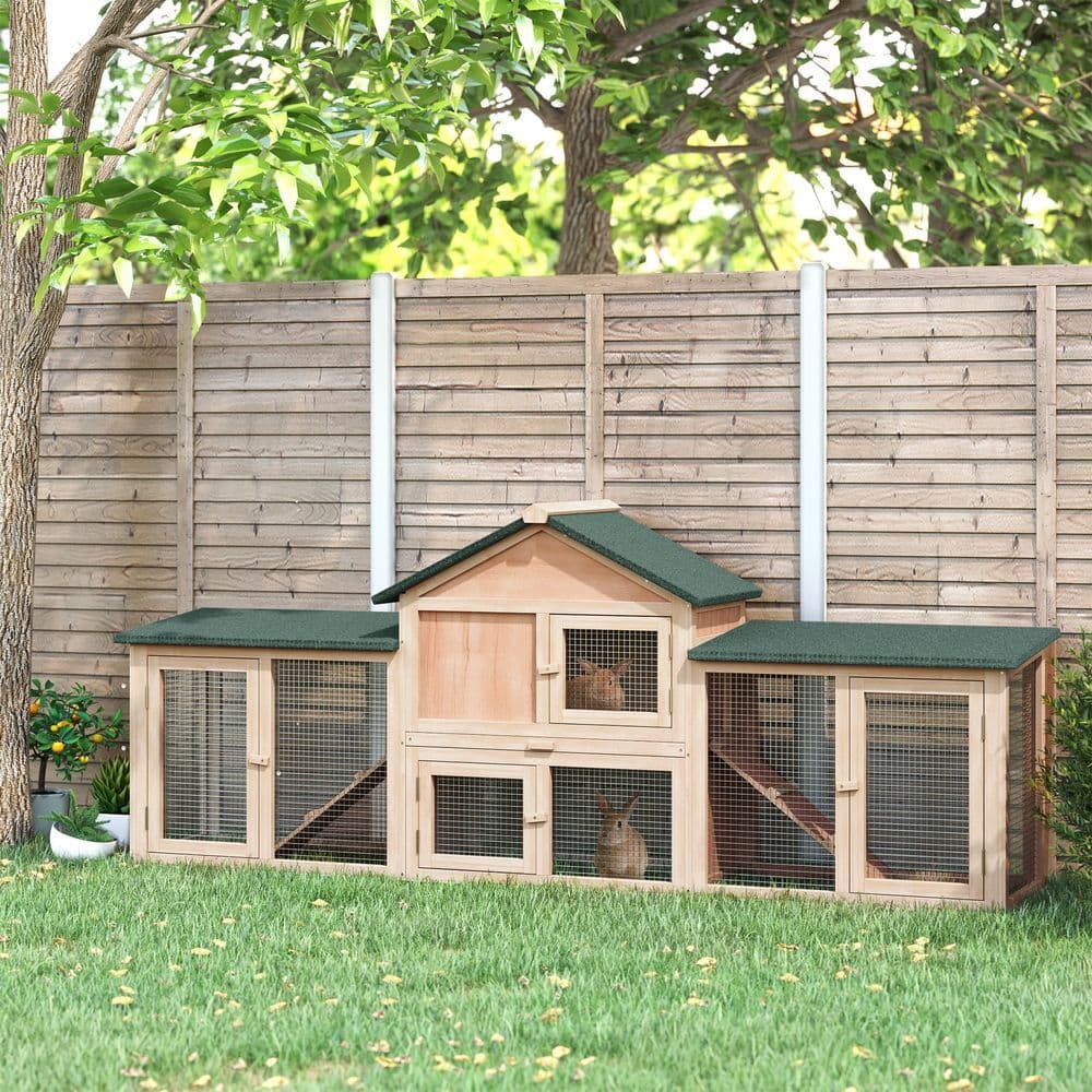 image-Wooden Rabbit Hutch Bunny Cage Guinea Pig House w/ Slide-out Tray Outdoor Run