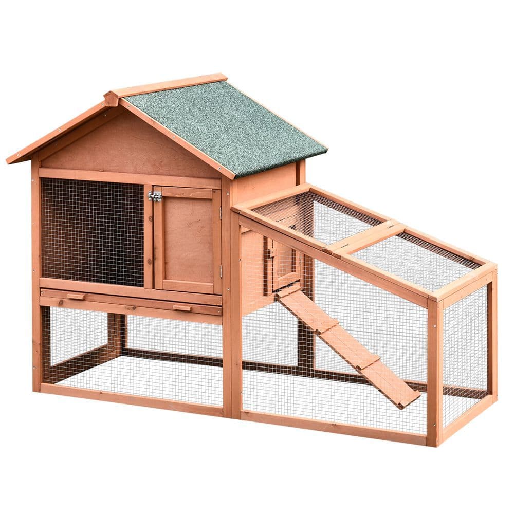 image-2 Tier Wood Rabbit Hutch Water Resistant Asphalt Roof Ramp 144 x 64.5 x 100 cm