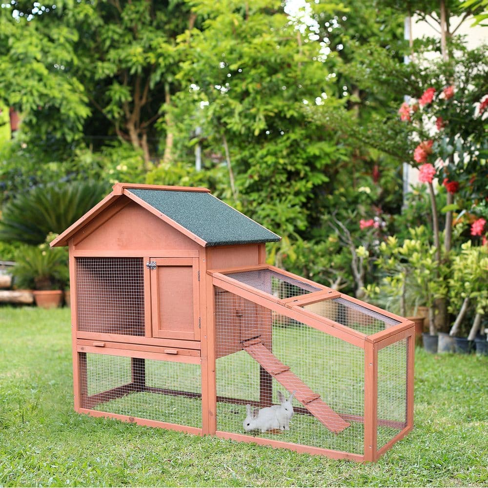 image-2 Tier Wood Rabbit Hutch Water Resistant Asphalt Roof Ramp 144 x 64.5 x 100 cm