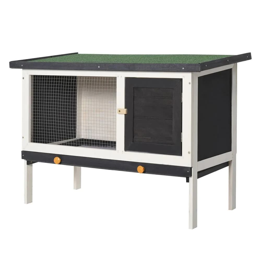 image-Wooden Rabbit Hutch Small Pet Habitat w/ Dropping Tray Openable Asphalt Roof